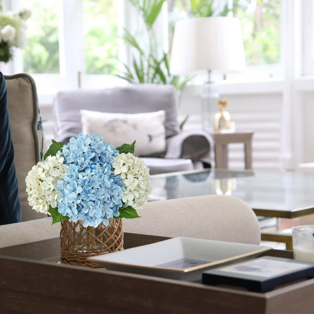 JINWOE Light Blue Hydrangea Artificial Flowers,4Pcs 20" Real Touch Lifelike Silk Artificial Hydrangeas, Full Fake Flowers for Bouquet Table Centerpieces Spring Wedding Indoor Home