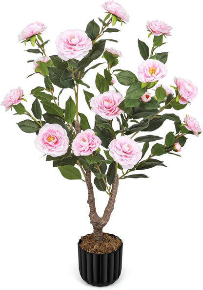 Artificial Camellia Tree for Indoor and Outdoor, Faux Flower Tree Plant in Pot Fake Topiaries for Home Front Porch Decor(1, White)