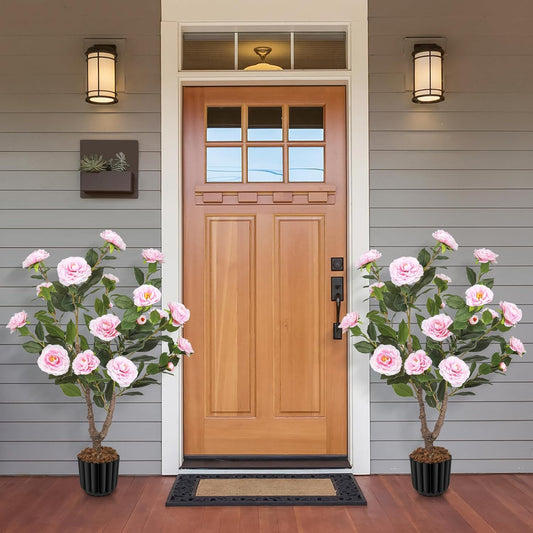 Artificial Camellia Tree for Indoor and Outdoor, Faux Flower Tree Plant in Pot Fake Topiaries for Home Front Porch Decor(1, White)