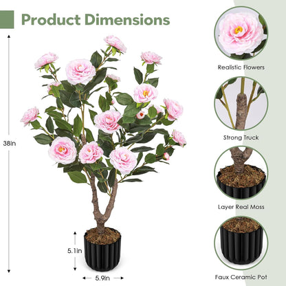 Artificial Camellia Tree for Indoor and Outdoor, Faux Flower Tree Plant in Pot Fake Topiaries for Home Front Porch Decor(1, White)