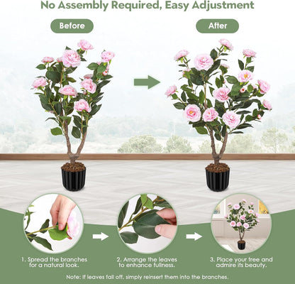 Artificial Camellia Tree for Indoor and Outdoor, Faux Flower Tree Plant in Pot Fake Topiaries for Home Front Porch Decor(1, White)
