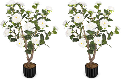 Artificial Camellia Tree for Indoor and Outdoor, Faux Flower Tree Plant in Pot Fake Topiaries for Home Front Porch Decor(1, White)
