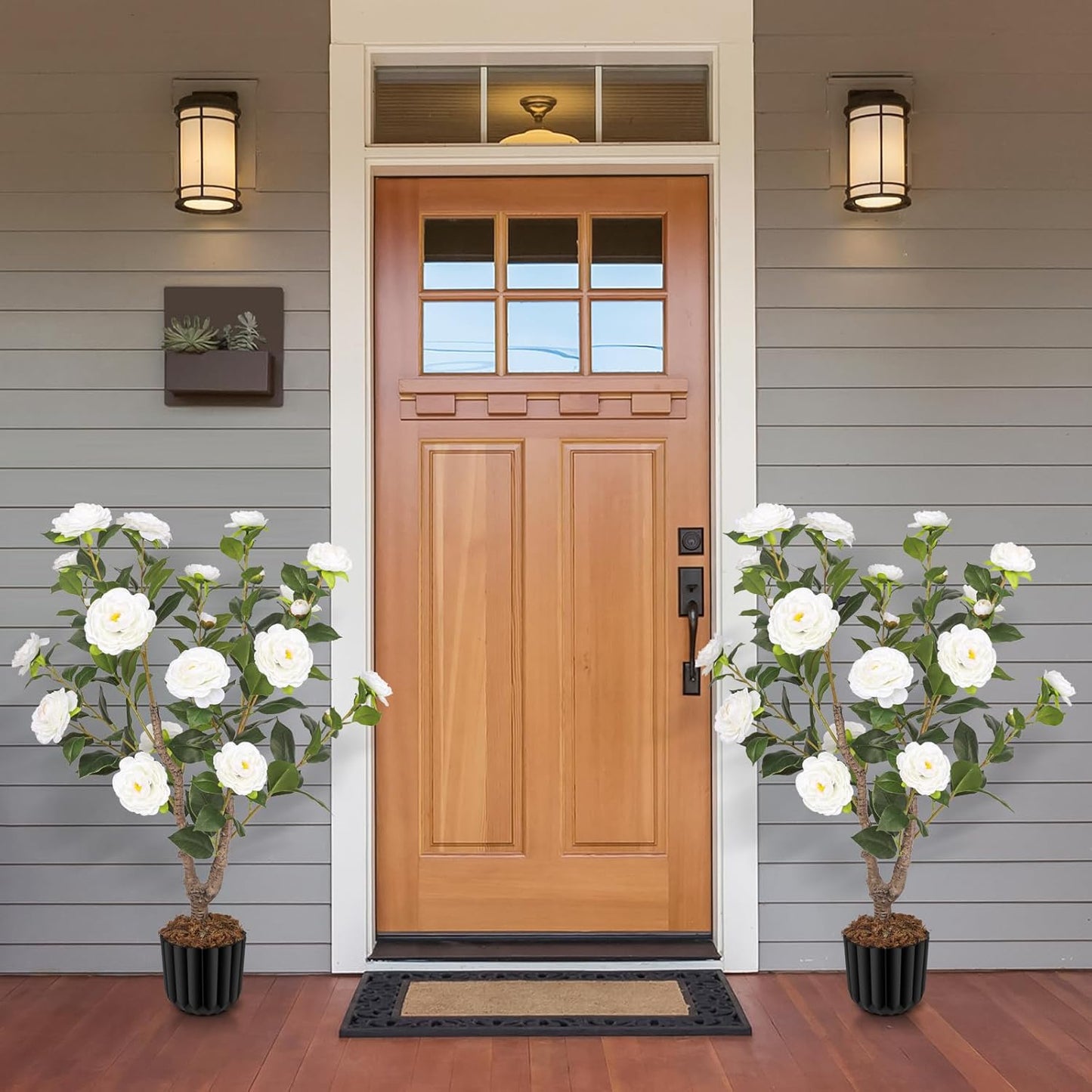 Artificial Camellia Tree for Indoor and Outdoor, Faux Flower Tree Plant in Pot Fake Topiaries for Home Front Porch Decor(1, White)