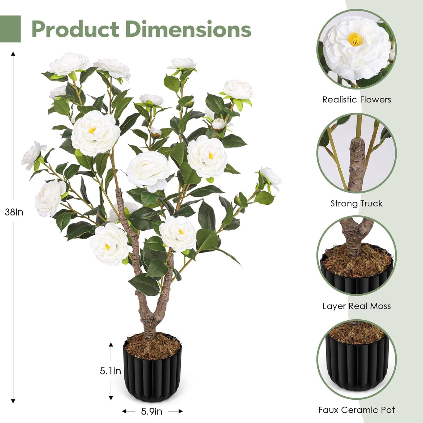 Artificial Camellia Tree for Indoor and Outdoor, Faux Flower Tree Plant in Pot Fake Topiaries for Home Front Porch Decor(1, White)