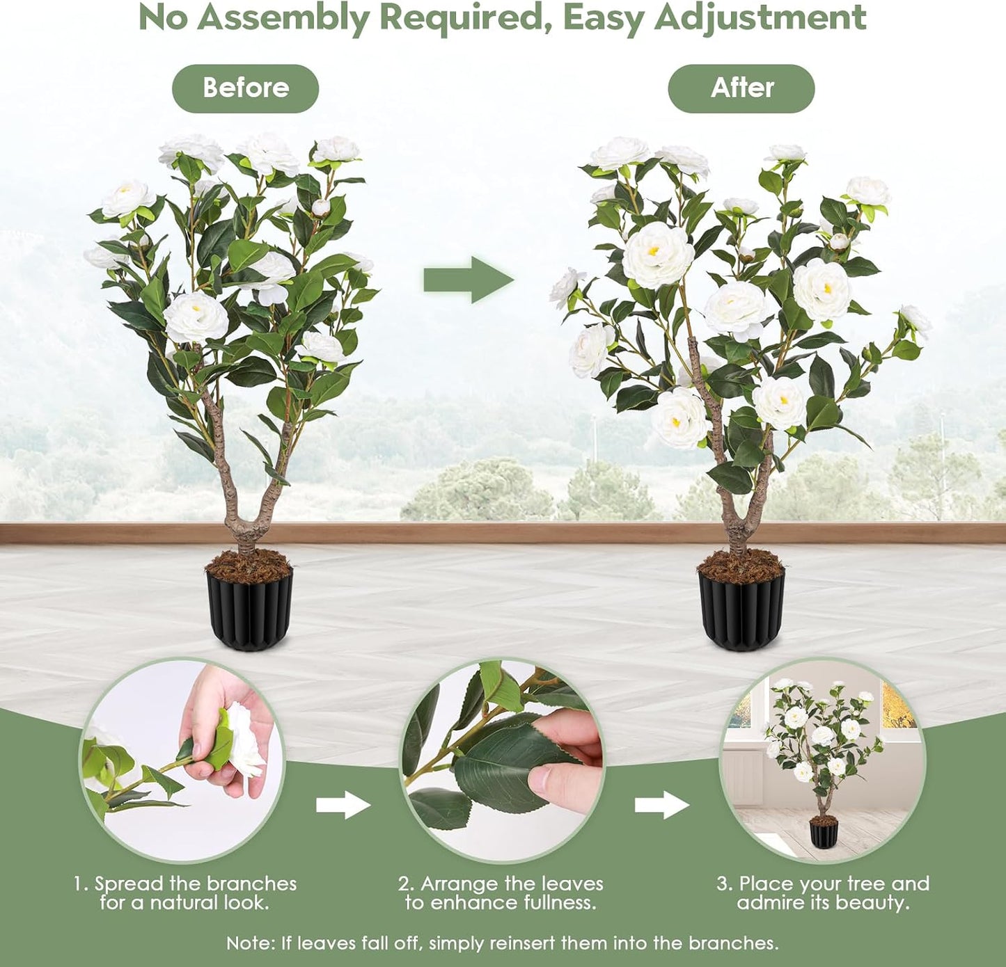 Artificial Camellia Tree for Indoor and Outdoor, Faux Flower Tree Plant in Pot Fake Topiaries for Home Front Porch Decor(1, White)