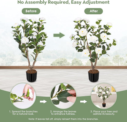 Artificial Camellia Tree for Indoor and Outdoor, Faux Flower Tree Plant in Pot Fake Topiaries for Home Front Porch Decor(1, White)