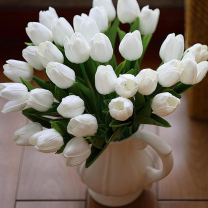 20 PCS Tulips Artificial Flowers, Real Touch Fake Flowers, White Artificial Tulips That Look Real Wedding Decorations Mother's Day Easter Gifts (20, White)