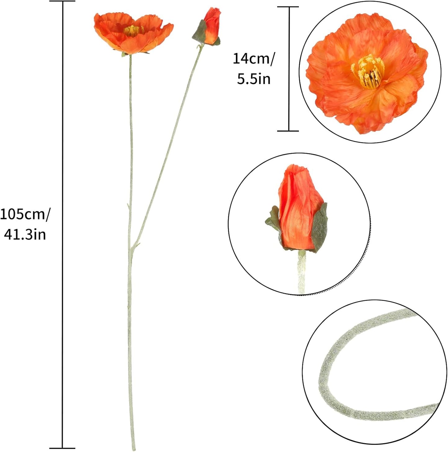 6PCS 41.3in Fake Poppy Flowers Red Artificial Poppies Large Poppy Flowers Long Stem Silk Flowers for Tall Vase Wedding Party Office Decor(Red)