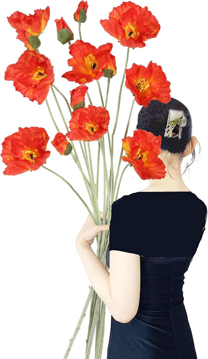 6PCS 41.3in Fake Poppy Flowers Red Artificial Poppies Large Poppy Flowers Long Stem Silk Flowers for Tall Vase Wedding Party Office Decor(Red)