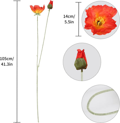 6PCS 41.3in Fake Poppy Flowers Red Artificial Poppies Large Poppy Flowers Long Stem Silk Flowers for Tall Vase Wedding Party Office Decor(Red)