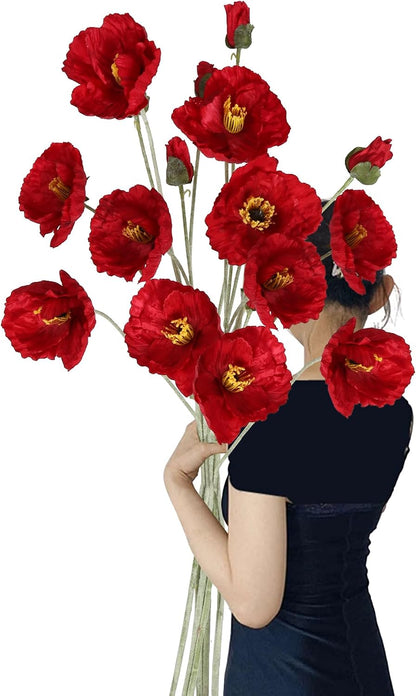 6PCS 41.3in Fake Poppy Flowers Red Artificial Poppies Large Poppy Flowers Long Stem Silk Flowers for Tall Vase Wedding Party Office Decor(Red)