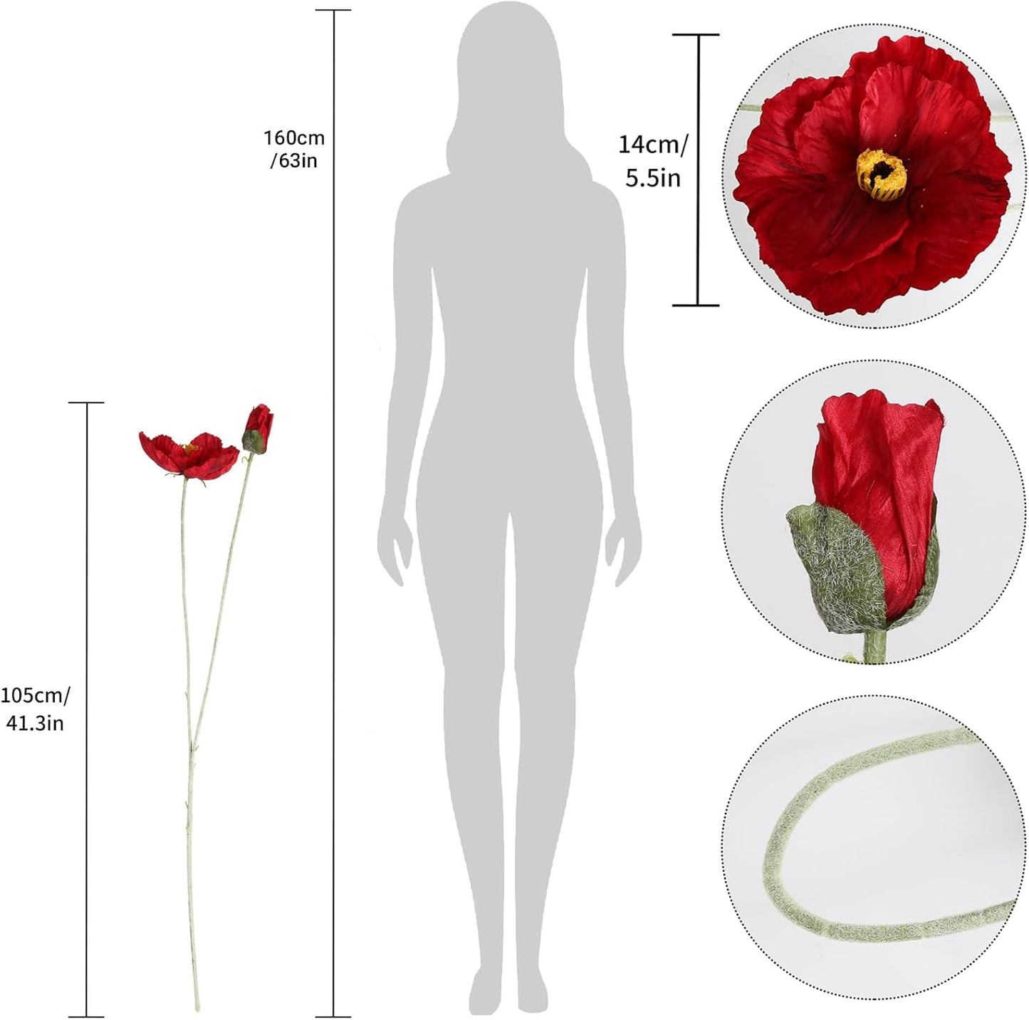 6PCS 41.3in Fake Poppy Flowers Red Artificial Poppies Large Poppy Flowers Long Stem Silk Flowers for Tall Vase Wedding Party Office Decor(Red)