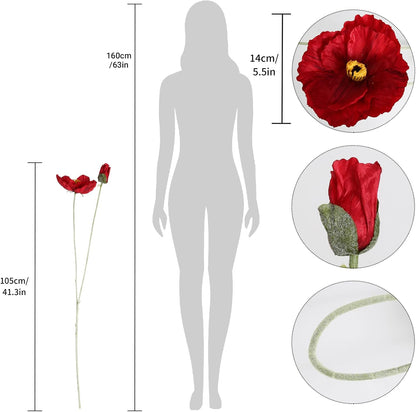 6PCS 41.3in Fake Poppy Flowers Red Artificial Poppies Large Poppy Flowers Long Stem Silk Flowers for Tall Vase Wedding Party Office Decor(Red)