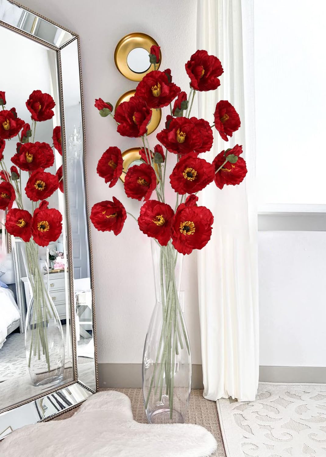 6PCS 41.3in Fake Poppy Flowers Red Artificial Poppies Large Poppy Flowers Long Stem Silk Flowers for Tall Vase Wedding Party Office Decor(Red)