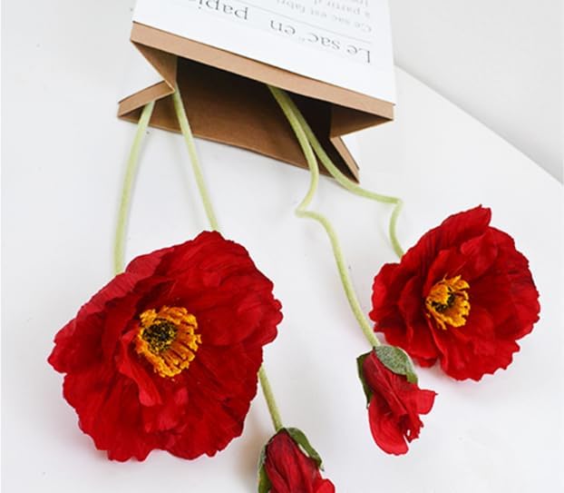 6PCS 41.3in Fake Poppy Flowers Red Artificial Poppies Large Poppy Flowers Long Stem Silk Flowers for Tall Vase Wedding Party Office Decor(Red)