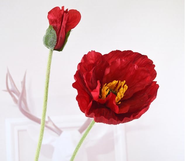 6PCS 41.3in Fake Poppy Flowers Red Artificial Poppies Large Poppy Flowers Long Stem Silk Flowers for Tall Vase Wedding Party Office Decor(Red)