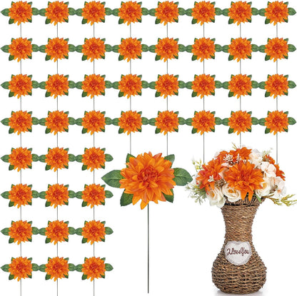 50 Pack Artificial Wedding Dahlia Flowers Bulk Silk Dahlias with Stems and Green Leaves Fake Flora Decoration Faux Bouquets for DIY Bridal Shower Wedding Party(White)