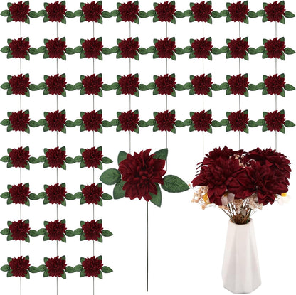 50 Pack Artificial Wedding Dahlia Flowers Bulk Silk Dahlias with Stems and Green Leaves Fake Flora Decoration Faux Bouquets for DIY Bridal Shower Wedding Party(White)