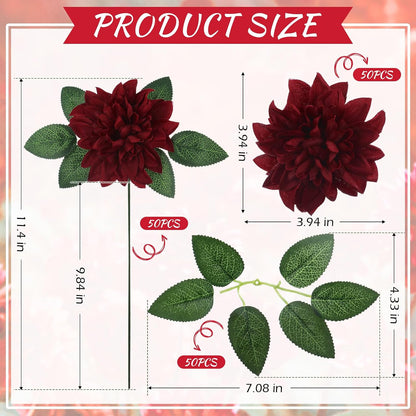 50 Pack Artificial Wedding Dahlia Flowers Bulk Silk Dahlias with Stems and Green Leaves Fake Flora Decoration Faux Bouquets for DIY Bridal Shower Wedding Party(White)