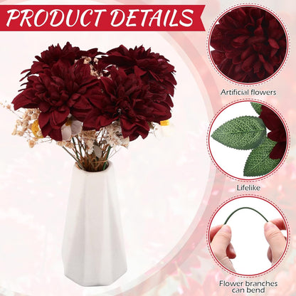 50 Pack Artificial Wedding Dahlia Flowers Bulk Silk Dahlias with Stems and Green Leaves Fake Flora Decoration Faux Bouquets for DIY Bridal Shower Wedding Party(White)