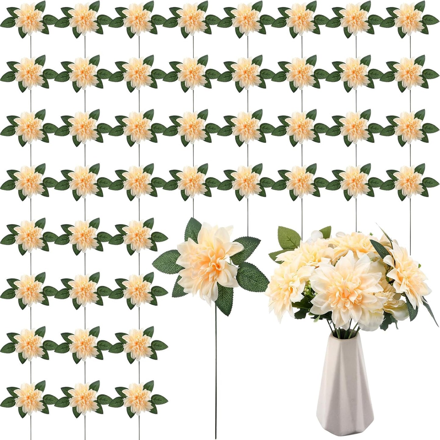 50 Pack Artificial Wedding Dahlia Flowers Bulk Silk Dahlias with Stems and Green Leaves Fake Flora Decoration Faux Bouquets for DIY Bridal Shower Wedding Party(White)