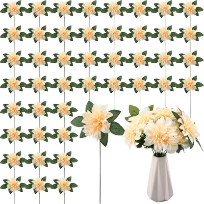 50 Pack Artificial Wedding Dahlia Flowers Bulk Silk Dahlias with Stems and Green Leaves Fake Flora Decoration Faux Bouquets for DIY Bridal Shower Wedding Party(White)