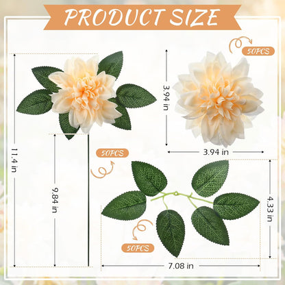 50 Pack Artificial Wedding Dahlia Flowers Bulk Silk Dahlias with Stems and Green Leaves Fake Flora Decoration Faux Bouquets for DIY Bridal Shower Wedding Party(White)