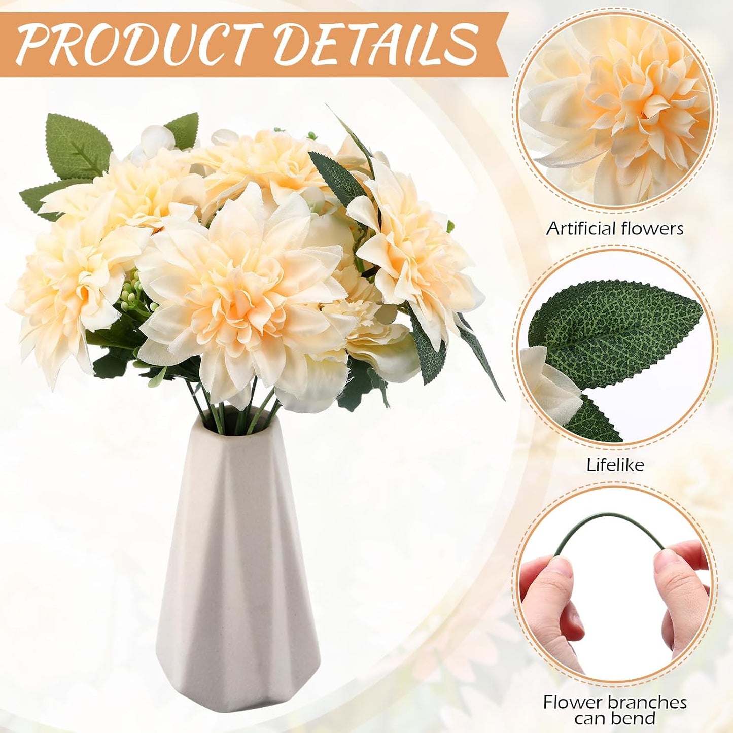 50 Pack Artificial Wedding Dahlia Flowers Bulk Silk Dahlias with Stems and Green Leaves Fake Flora Decoration Faux Bouquets for DIY Bridal Shower Wedding Party(White)
