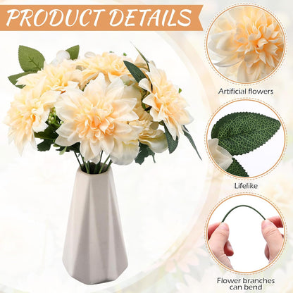 50 Pack Artificial Wedding Dahlia Flowers Bulk Silk Dahlias with Stems and Green Leaves Fake Flora Decoration Faux Bouquets for DIY Bridal Shower Wedding Party(White)