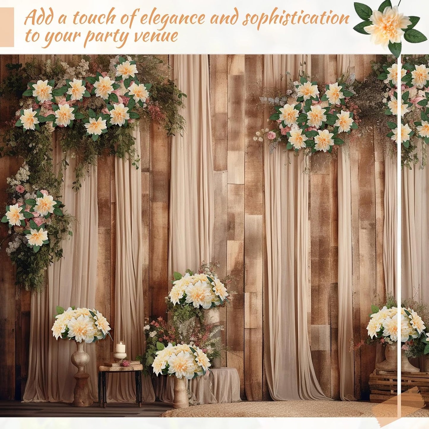 50 Pack Artificial Wedding Dahlia Flowers Bulk Silk Dahlias with Stems and Green Leaves Fake Flora Decoration Faux Bouquets for DIY Bridal Shower Wedding Party(White)