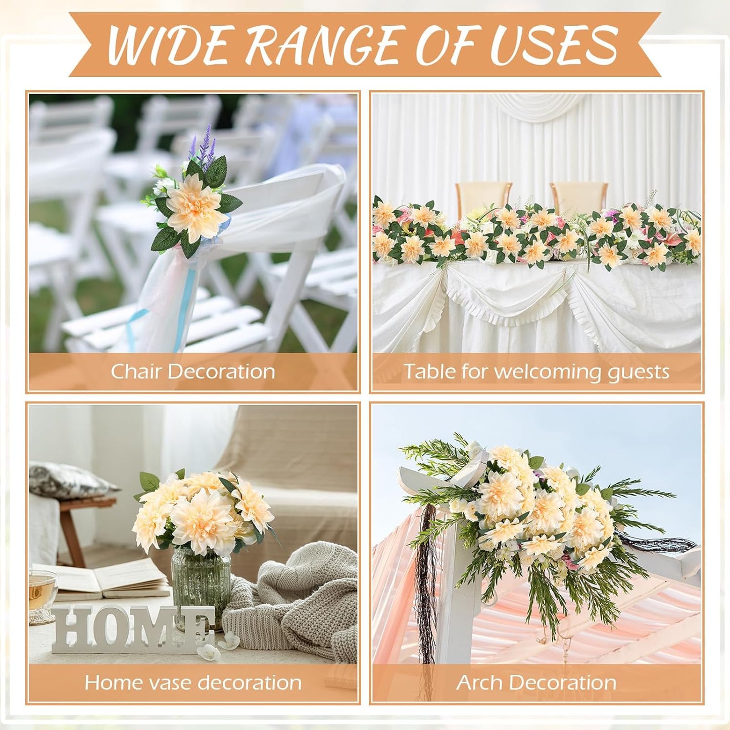 50 Pack Artificial Wedding Dahlia Flowers Bulk Silk Dahlias with Stems and Green Leaves Fake Flora Decoration Faux Bouquets for DIY Bridal Shower Wedding Party(White)