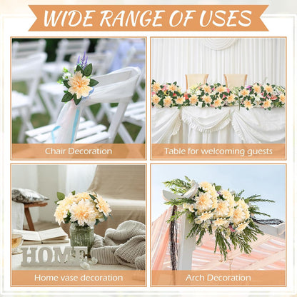 50 Pack Artificial Wedding Dahlia Flowers Bulk Silk Dahlias with Stems and Green Leaves Fake Flora Decoration Faux Bouquets for DIY Bridal Shower Wedding Party(White)