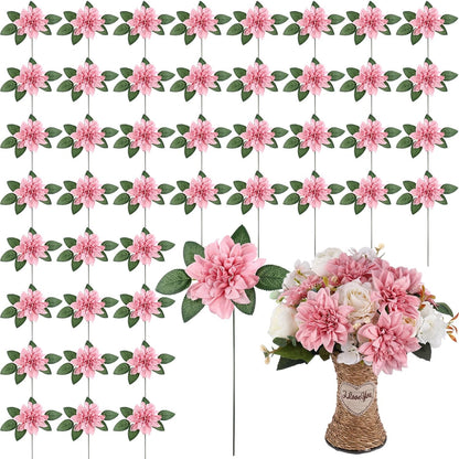 50 Pack Artificial Wedding Dahlia Flowers Bulk Silk Dahlias with Stems and Green Leaves Fake Flora Decoration Faux Bouquets for DIY Bridal Shower Wedding Party(White)