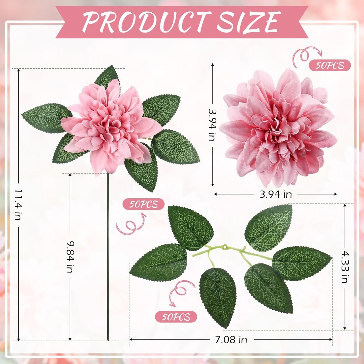 50 Pack Artificial Wedding Dahlia Flowers Bulk Silk Dahlias with Stems and Green Leaves Fake Flora Decoration Faux Bouquets for DIY Bridal Shower Wedding Party(White)