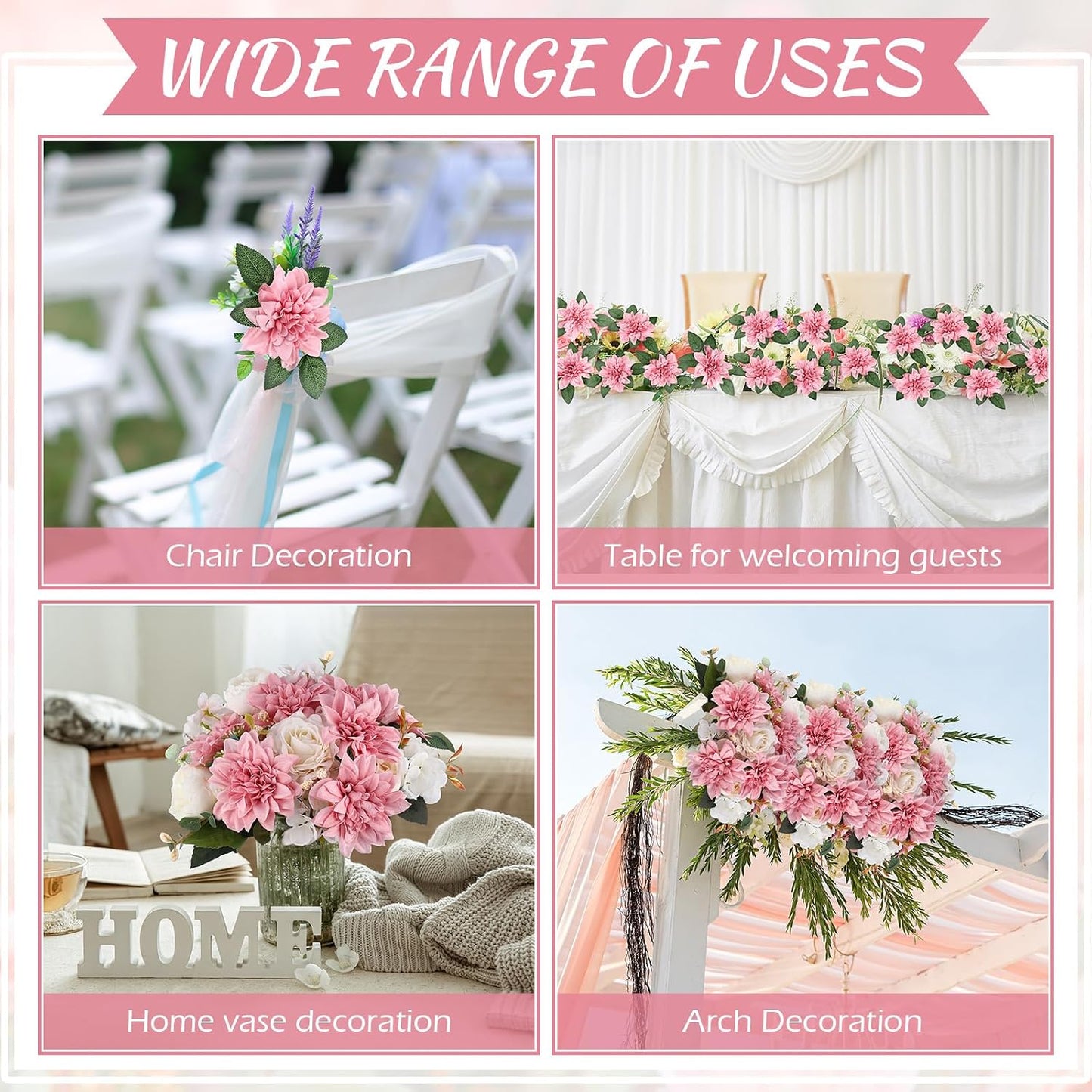 50 Pack Artificial Wedding Dahlia Flowers Bulk Silk Dahlias with Stems and Green Leaves Fake Flora Decoration Faux Bouquets for DIY Bridal Shower Wedding Party(White)