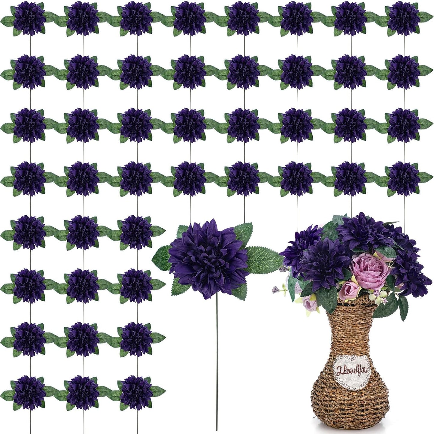 50 Pack Artificial Wedding Dahlia Flowers Bulk Silk Dahlias with Stems and Green Leaves Fake Flora Decoration Faux Bouquets for DIY Bridal Shower Wedding Party(White)
