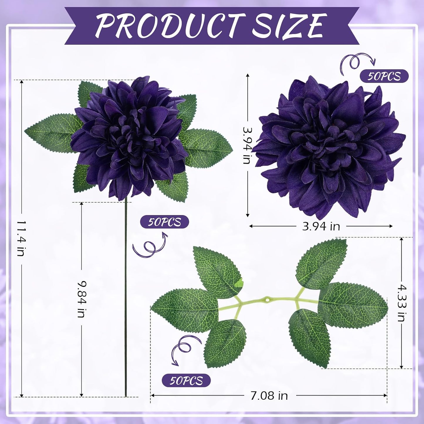 50 Pack Artificial Wedding Dahlia Flowers Bulk Silk Dahlias with Stems and Green Leaves Fake Flora Decoration Faux Bouquets for DIY Bridal Shower Wedding Party(White)