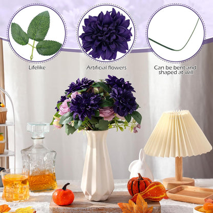 50 Pack Artificial Wedding Dahlia Flowers Bulk Silk Dahlias with Stems and Green Leaves Fake Flora Decoration Faux Bouquets for DIY Bridal Shower Wedding Party(White)
