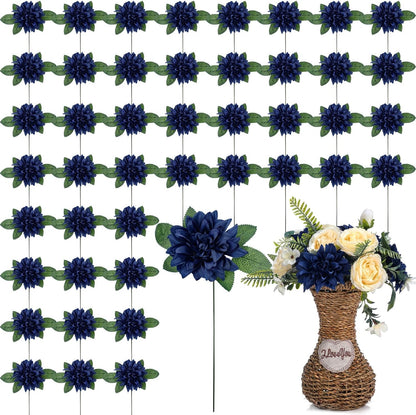 50 Pack Artificial Wedding Dahlia Flowers Bulk Silk Dahlias with Stems and Green Leaves Fake Flora Decoration Faux Bouquets for DIY Bridal Shower Wedding Party(White)