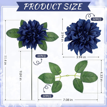 50 Pack Artificial Wedding Dahlia Flowers Bulk Silk Dahlias with Stems and Green Leaves Fake Flora Decoration Faux Bouquets for DIY Bridal Shower Wedding Party(White)