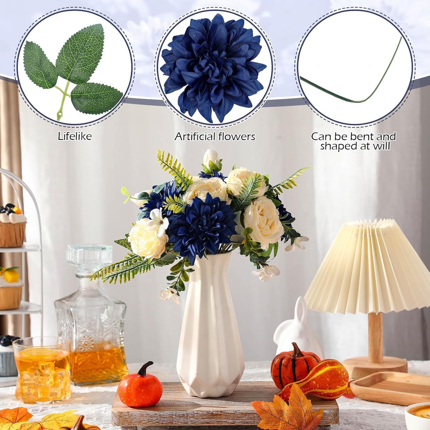 50 Pack Artificial Wedding Dahlia Flowers Bulk Silk Dahlias with Stems and Green Leaves Fake Flora Decoration Faux Bouquets for DIY Bridal Shower Wedding Party(White)