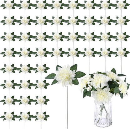 50 Pack Artificial Wedding Dahlia Flowers Bulk Silk Dahlias with Stems and Green Leaves Fake Flora Decoration Faux Bouquets for DIY Bridal Shower Wedding Party(White)