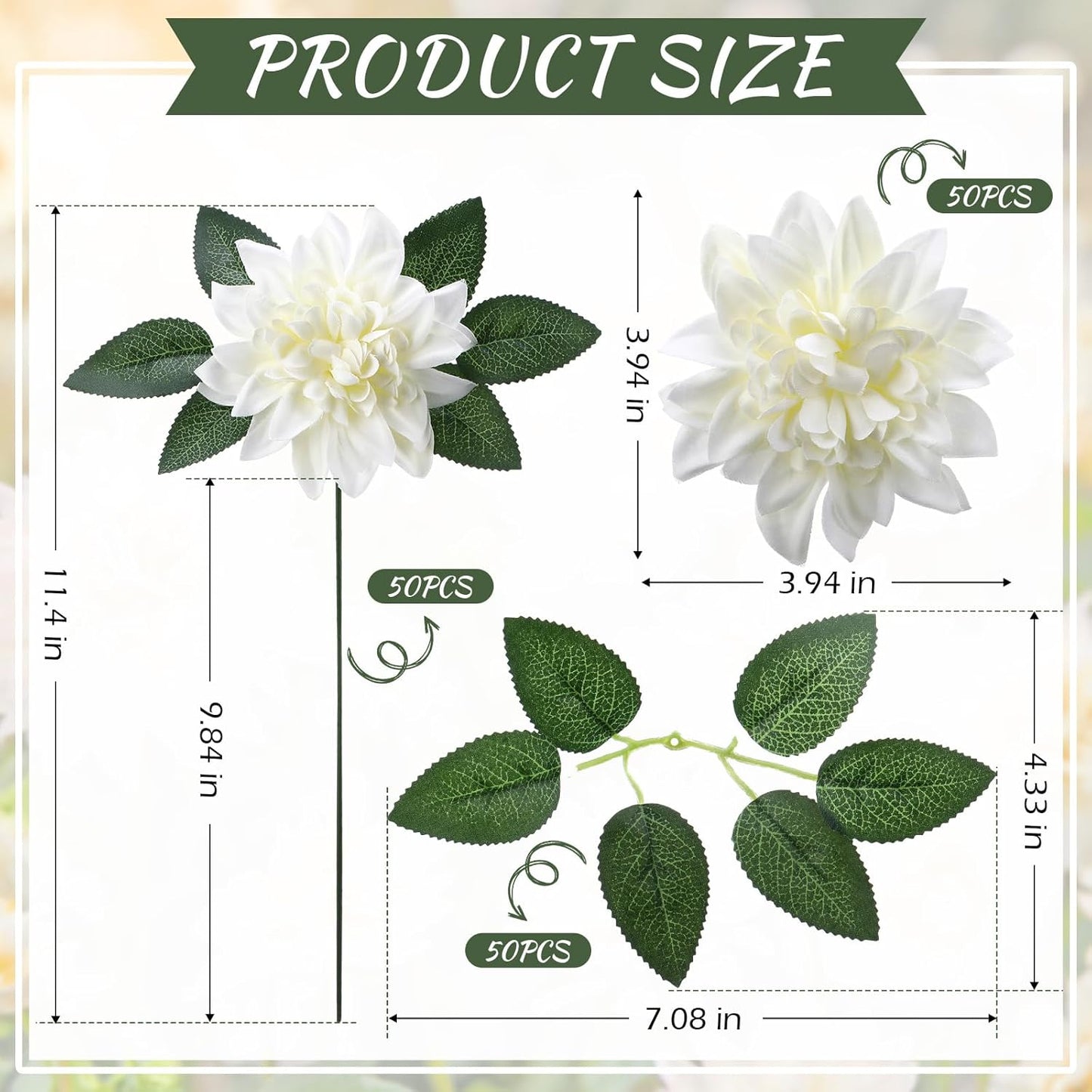 50 Pack Artificial Wedding Dahlia Flowers Bulk Silk Dahlias with Stems and Green Leaves Fake Flora Decoration Faux Bouquets for DIY Bridal Shower Wedding Party(White)
