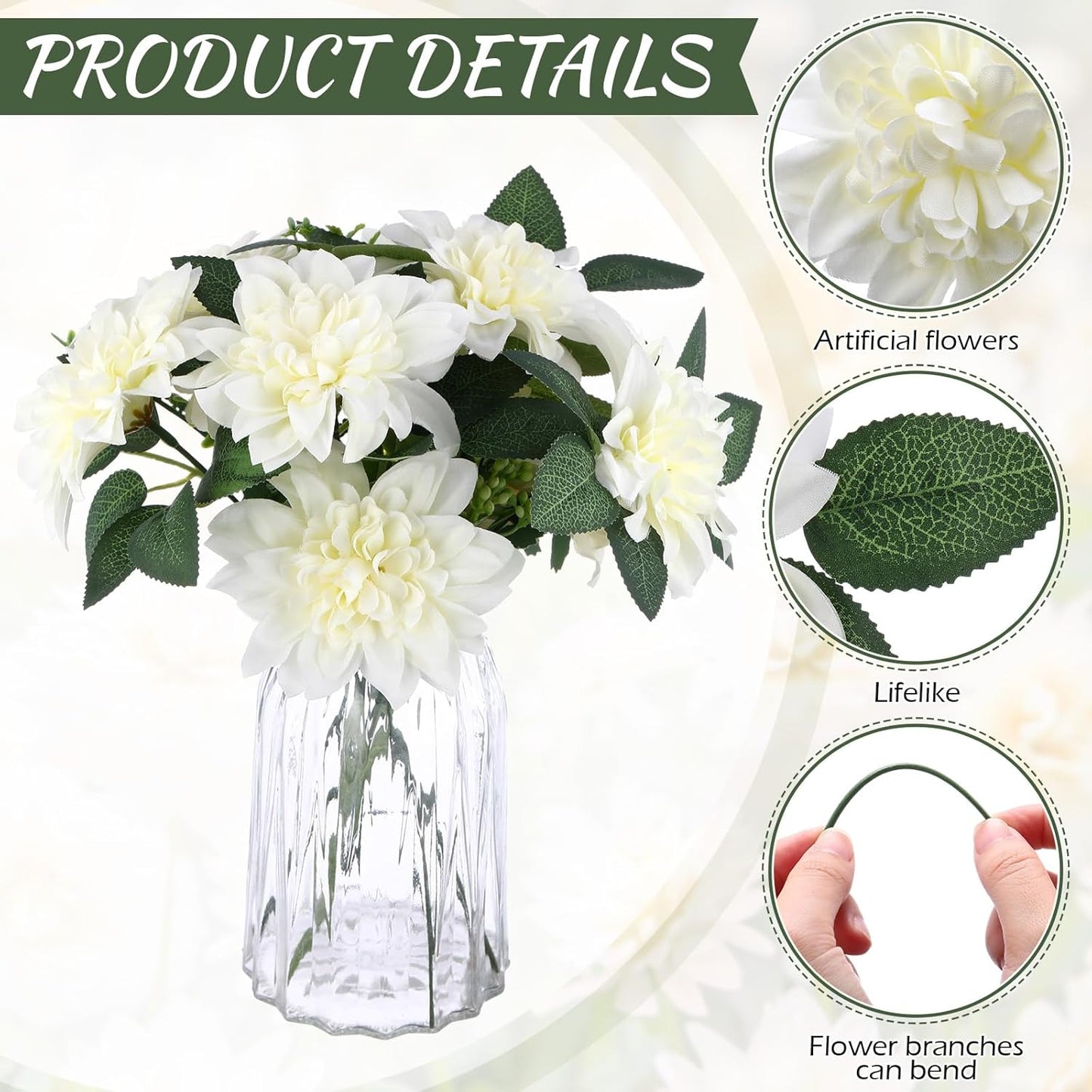 50 Pack Artificial Wedding Dahlia Flowers Bulk Silk Dahlias with Stems and Green Leaves Fake Flora Decoration Faux Bouquets for DIY Bridal Shower Wedding Party(White)