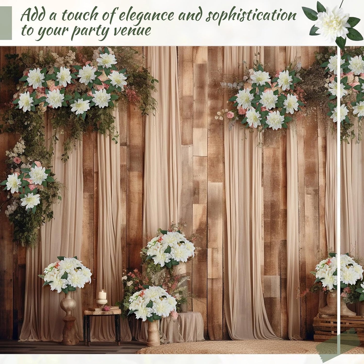 50 Pack Artificial Wedding Dahlia Flowers Bulk Silk Dahlias with Stems and Green Leaves Fake Flora Decoration Faux Bouquets for DIY Bridal Shower Wedding Party(White)