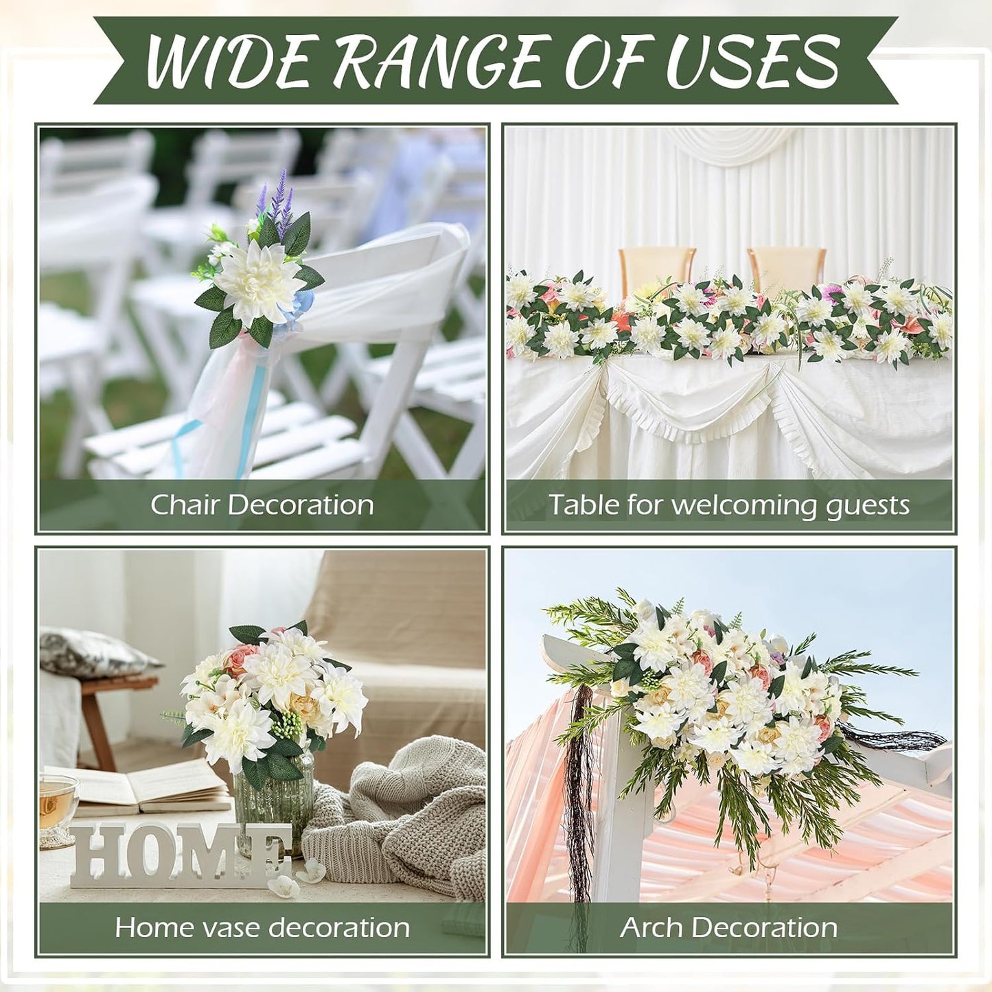 50 Pack Artificial Wedding Dahlia Flowers Bulk Silk Dahlias with Stems and Green Leaves Fake Flora Decoration Faux Bouquets for DIY Bridal Shower Wedding Party(White)