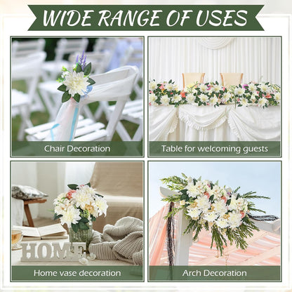 50 Pack Artificial Wedding Dahlia Flowers Bulk Silk Dahlias with Stems and Green Leaves Fake Flora Decoration Faux Bouquets for DIY Bridal Shower Wedding Party(White)