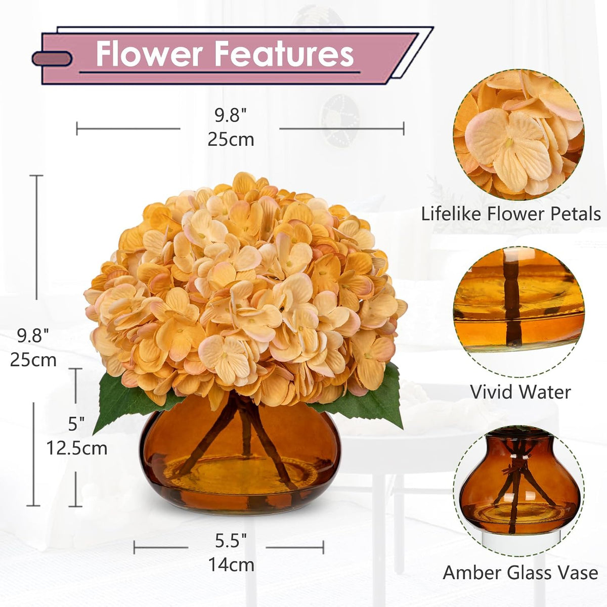 Hydrangea Artificial Flowers with Vase White Silk Fake Flowers Arrangements in Glass Vase with Faux Water for Home Bathroom Office Table Centerpiece Shelf Decorations