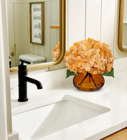 Hydrangea Artificial Flowers with Vase White Silk Fake Flowers Arrangements in Glass Vase with Faux Water for Home Bathroom Office Table Centerpiece Shelf Decorations