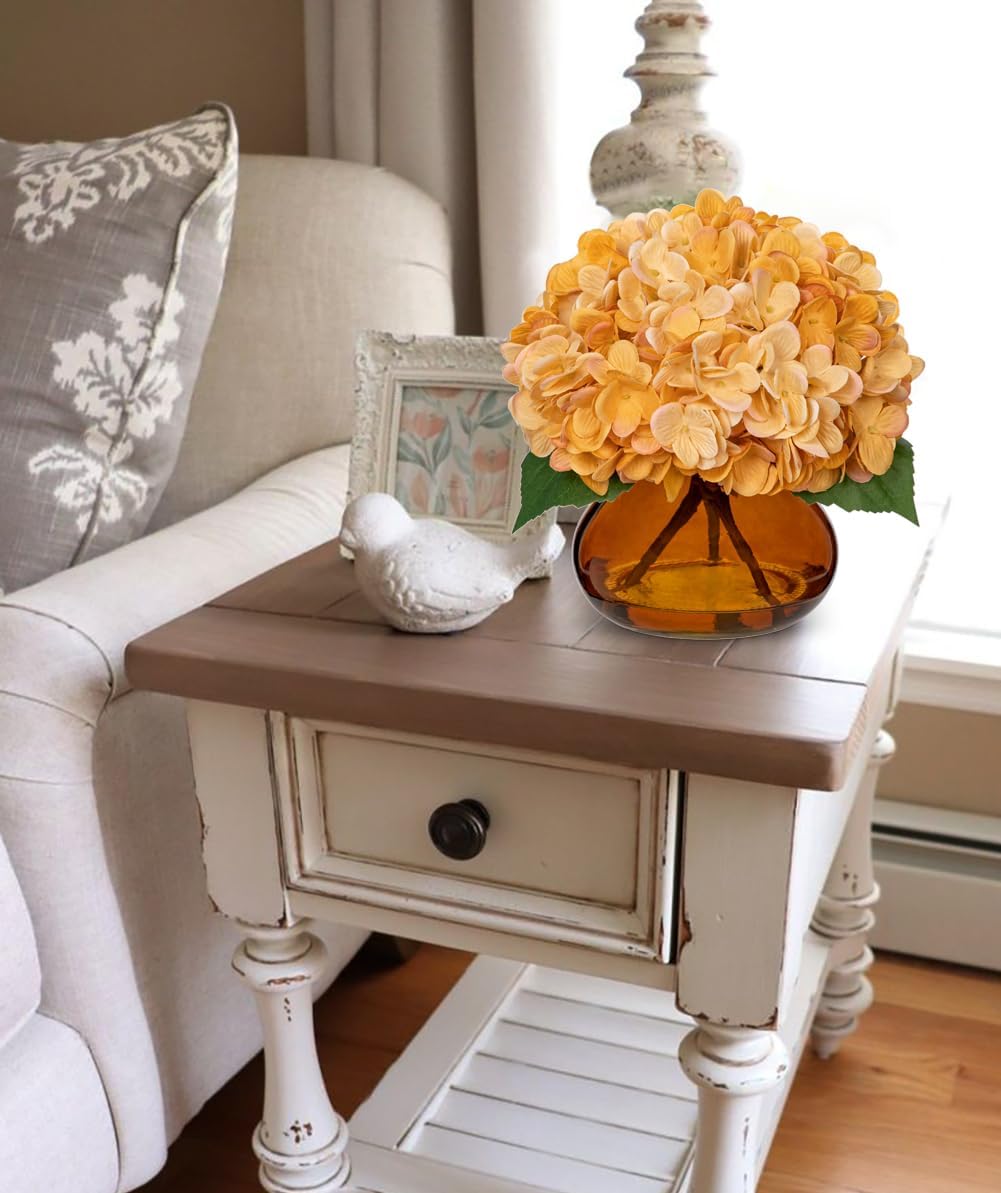 Hydrangea Artificial Flowers with Vase White Silk Fake Flowers Arrangements in Glass Vase with Faux Water for Home Bathroom Office Table Centerpiece Shelf Decorations